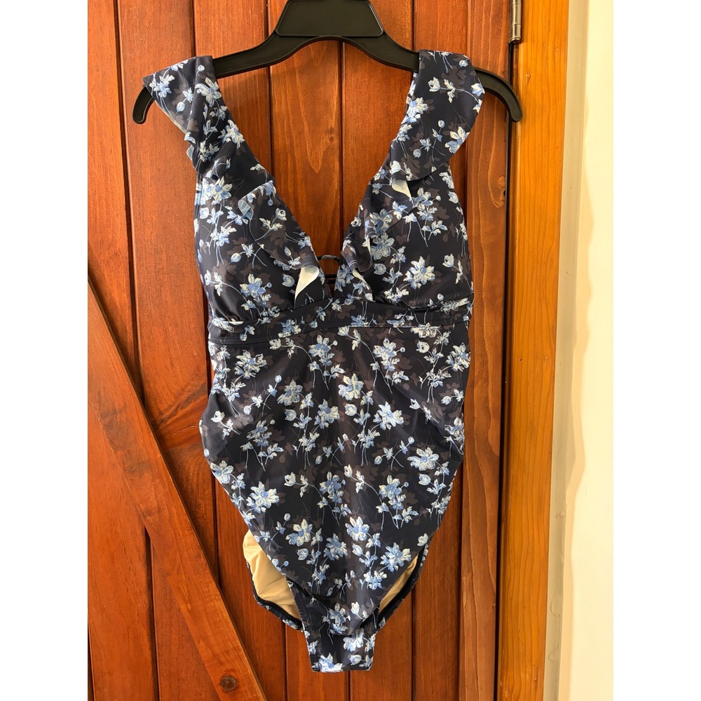 A Pea in the Pod Maternity One‎ Piece Swimsuit Blue Floral Ruffle Lace Up S